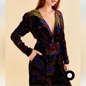 Farm Rio Black Midnight Island V Neck Velvet Jumpsuit